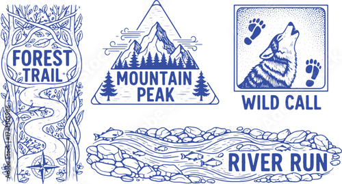 Nature And Wildlife Themed Emblems In Blue forest trail mountain peak