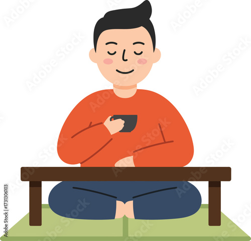 A calm man with closed eyes sits cross-legged on a mat, peacefully enjoying a warm beverage from a cup at a low table.