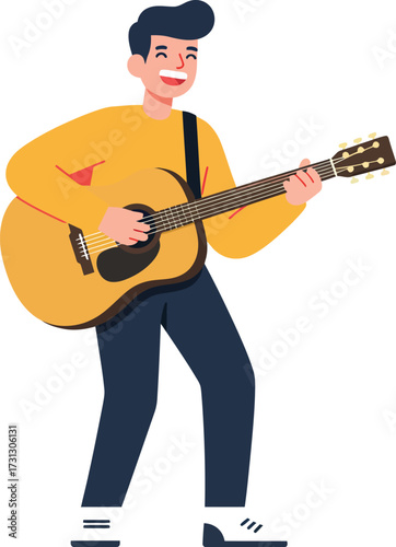 A cheerful young man with dark hair and a yellow shirt joyfully plays an acoustic guitar, strumming the strings with a smile.