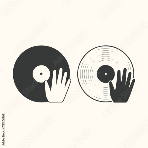 Vector art of two vinyl records, one black and one white, with hands touching them, representing music and djing, isolated on a cream background