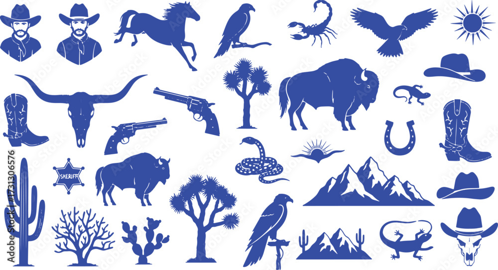 Fototapeta premium Wild West Cowboy and Desert Wildlife Icons Keywords: cowboy, horse, eagle, scorpion, buffalo