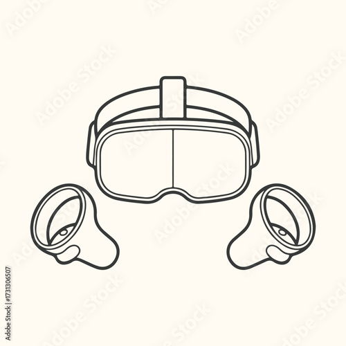 Vector art of a minimalist line art illustration of a virtual reality headset and two controllers, presented in a clean, modern style, perfect for technology and gaming themes