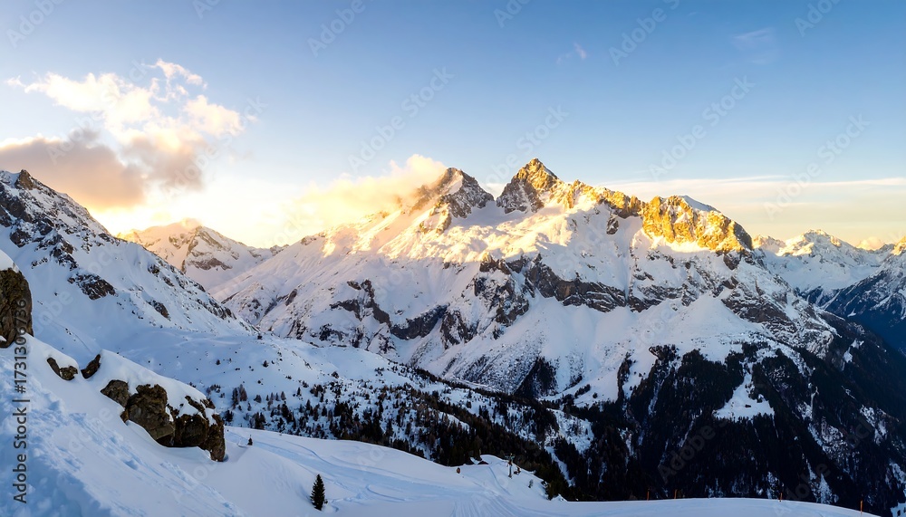 Obraz premium Majestic snow-capped mountains bathed in golden sunrise light.
