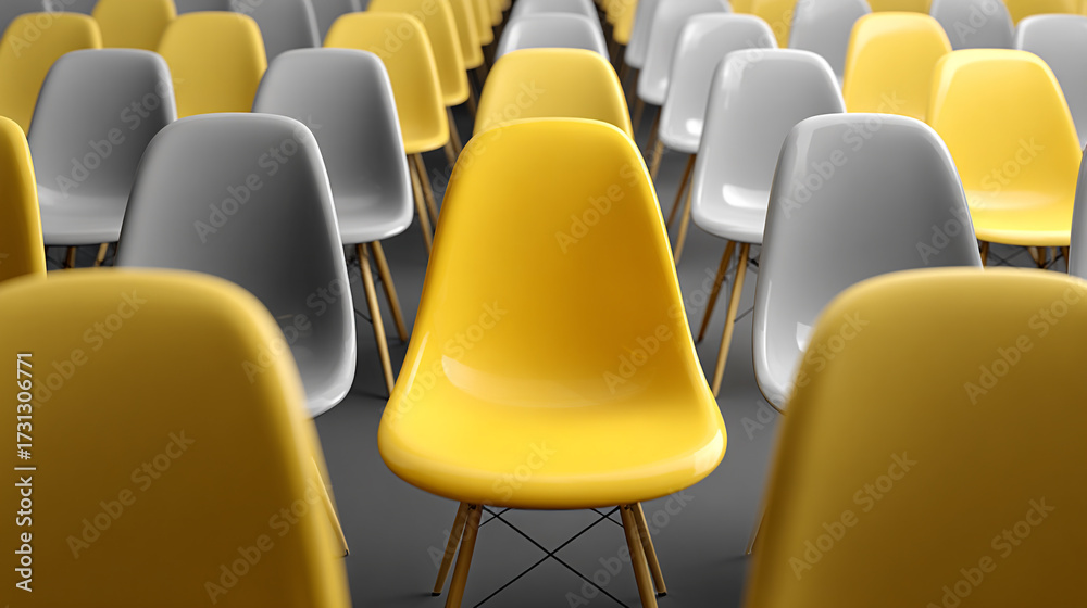 Fototapeta premium A single yellow chair stands out in a crowd of grey and yellow seats creating a striking visual contrast and a sense of uniqueness
