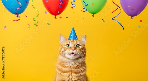 Festive cat celebrates with balloons and party hat on a vibrant yellow backdrop