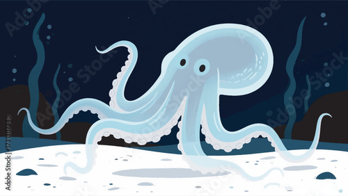 Illustration Of A White Octopus In The Depths Of The Dark Sea Near A White Sandy Bottom Vector Design Template