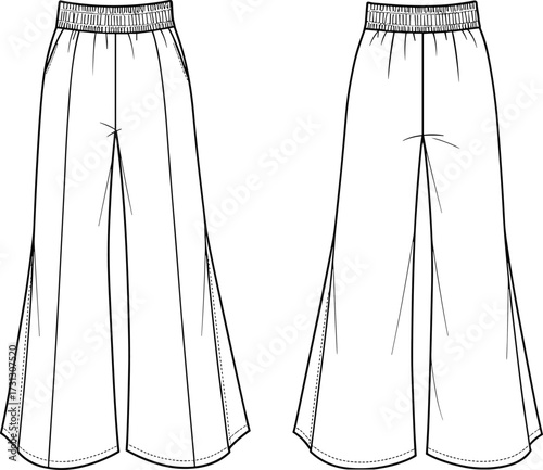 Wide leg pants fashion illustration, technical drawing apparel design, elastic waistband trousers sketch, pleated seam detail garment, front and back view clothing template