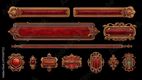 Set of ornate vintage decorative frames and borders with intricate gold and red designs
