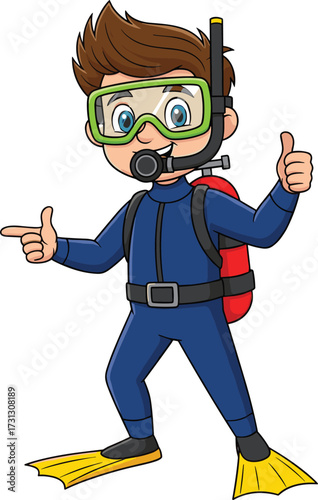 Cartoon scuba diver boy with snorkel and flippers, ready for underwater adventure, isolated vector illustration, perfect for marine, diving, snorkeling themes.