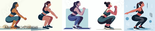 Female Squat Exercise Workout Fitness Vector Illustration Set