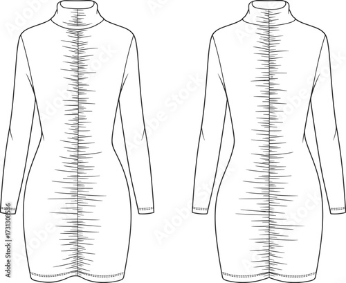 Fashion flat sketch, women bodycon dress, long sleeve ruched design, high neck fitted silhouette, garment technical drawing, apparel template, CAD vector illustration