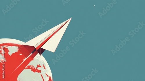 Paper airplane soaring above globe on turquoise backdrop concept