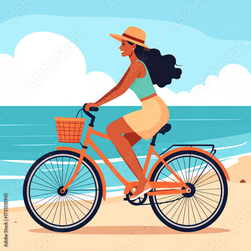 Vibrant Flat Design: Diverse Woman Enjoying Bike Ride on Sunny Beach