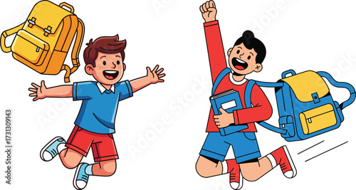 Two excited schoolboys jump with joy, backpacks and books in the air, celebrating.