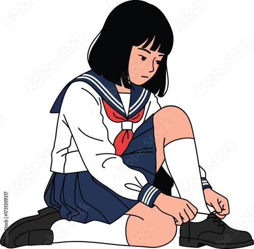 Student Girl in Uniform Sitting and Tying Shoe Lace, Preparing for Class