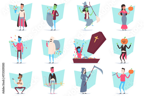 Vibrant Halloween themed collection with various characters such as monsters, witches, and ghosts. Each character displaying festive elements for celebration and fun