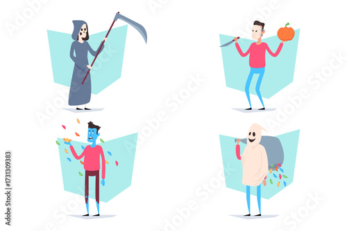 Playful Halloween collection with grim reaper holding scythe, cheerful person with pumpkin, colorful character tossing candies, and ghostly figure carrying bag