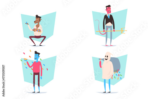 Four colorful characters engaged in Halloween activities. One holding candy, another wielding trident, third spreading candies, and last wearing ghost costume