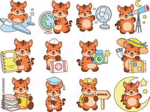 Illustrations of cute tiger character vector clip art for kids.