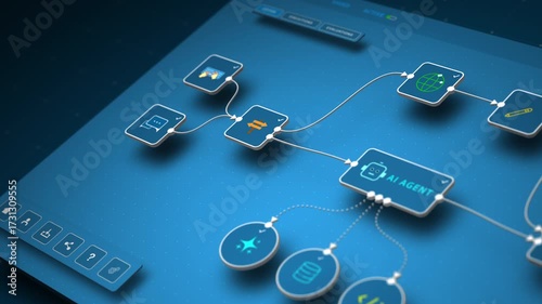 Closeup of AI automation workflow with intelligent agent connecting data, code, and tools, looped animation