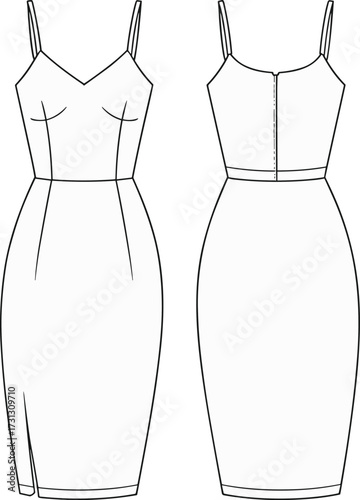 Fashion flat sketch, women pencil dress, spaghetti strap design, V neck bodice, fitted silhouette, garment technical drawing, apparel template, CAD vector illustration