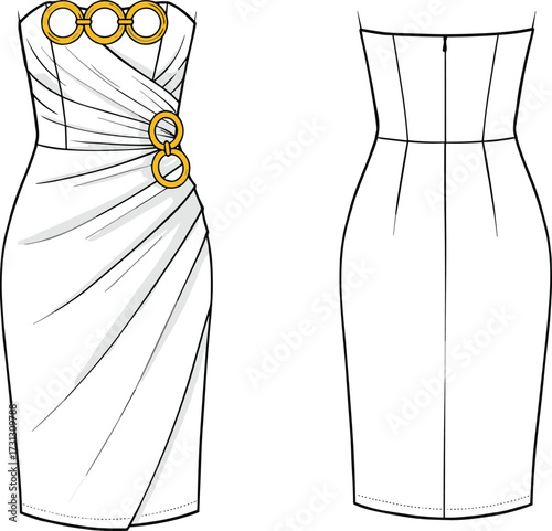 Strapless women’s dress fashion illustration, technical flat sketch, elegant pencil skirt silhouette, draped bodice with circular embellishments, front and back view garment design drawing