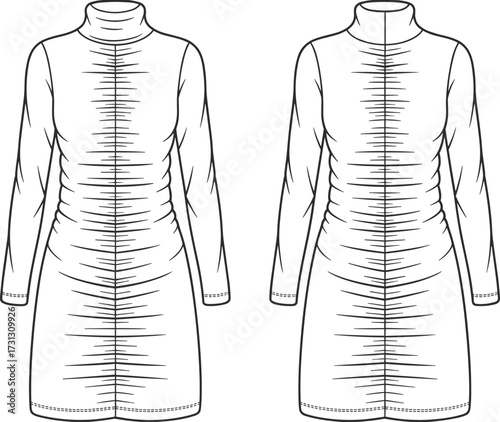 Fashion flat sketch, women ruched dress, long sleeve design, high neck fitted silhouette, garment technical drawing, apparel template, CAD vector illustration