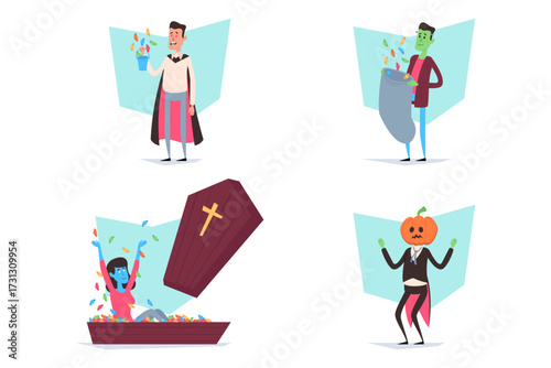 Characters celebrating Halloween by enjoying candy in various spooky scenes. Vampire and Frankenstein gathering sweet treats while pumpkin dancing in festive atmosphere