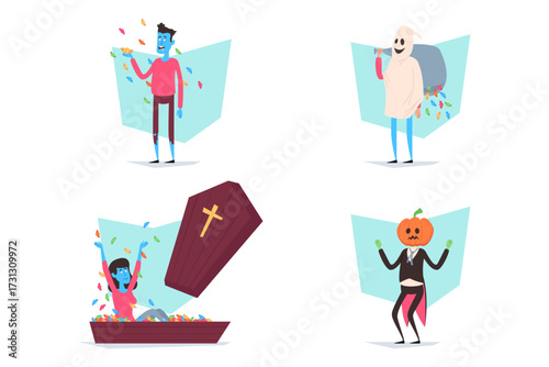 Fun Halloween-themed characters celebrating spooky season with candy, ghost, pumpkin, and coffin. Halloween celebration concept