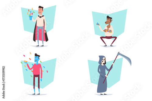 Men dressed as various Halloween characters engaged in fun activities. Spirit of Halloween concept
