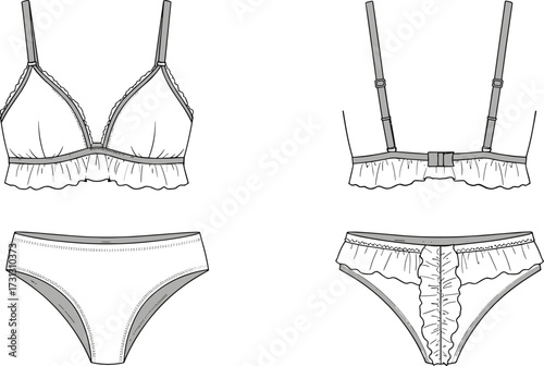 Lingerie fashion technical drawing, bra and panties illustration, ruffle trim underwear design, garment flat sketch, intimate apparel blueprint, fashion CAD, vector outline, clothing design template