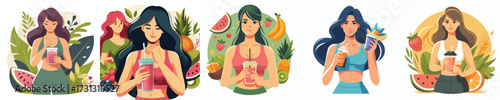 Healthy Woman Drinking Smoothie with Fresh Fruits | Fitness Girl Holding Detox Juice, Protein Shake, Vitamin Drink Vector Illustration