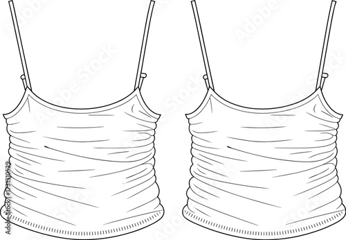 Fashion flat sketch, women camisole top, ruched side design, spaghetti strap blouse, scoop neckline, garment technical drawing, apparel template, CAD vector illustration
