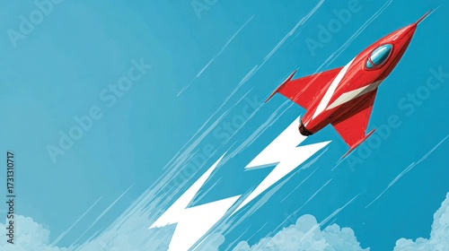 Red rocket ship ascending in a bright blue sky with white trails