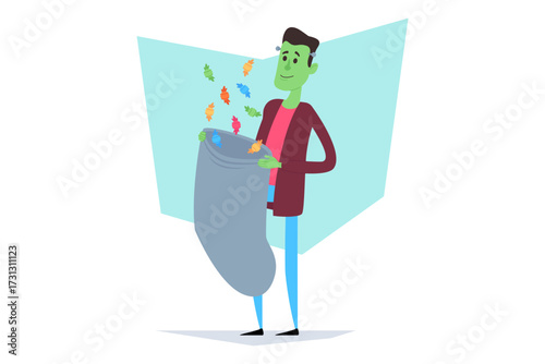 Person happily holding sack filled with colorful candy. Trick-or-treating concept
