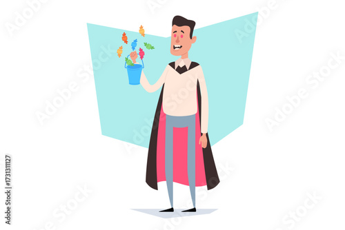 Person in Halloween costume holding colorful bucket filled with candy. Trick-or-treating concept