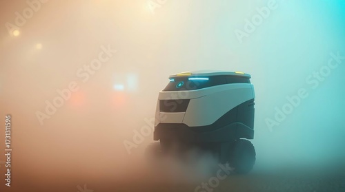 Robot delivery fog city night.