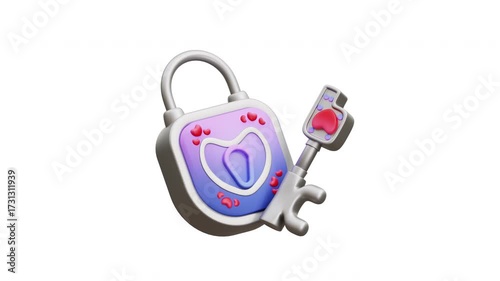 3D Animation of a heart-shaped padlock with matching key, perfect for valentine, wedding, couple branding, and romantic-themed content