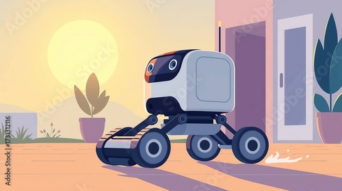 Robot delivery home sunrise.
