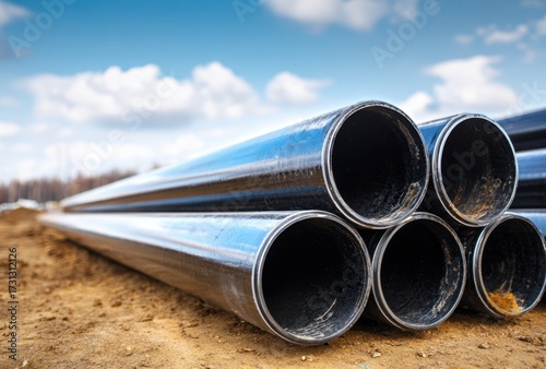 Wallpaper Mural Stack of Large Metal Pipes Lying on the Ground in an Open Area Under a Blue Sky Torontodigital.ca