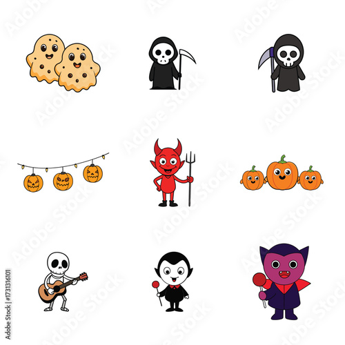 Cute Halloween Cartoon Characters and Spooky Elements Collection
