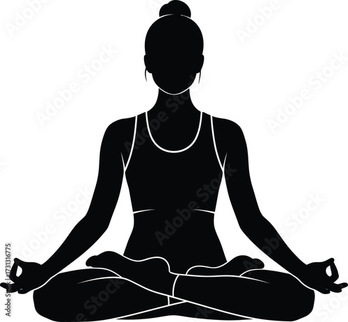 Silhouette of a woman meditating in a lotus yoga pose, representing peace, mindfulness, and wellness.
