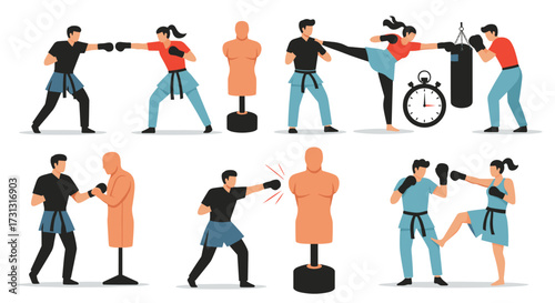 Martial arts training with boxing bags and focus mitts showing dynamic striking techniques.