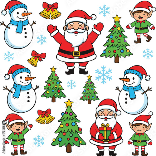 Cute vector set of Christmas characters and elements, including Santa Claus, snowmen, elves, Christmas trees, snowflakes, and bells.