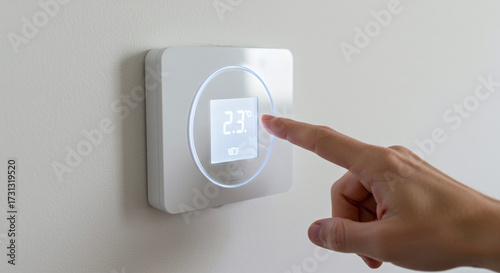 A hand adjusts a modern smart thermostat, highlighting the concept of home automation.Concept of climate control and home automation.