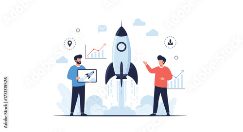 Two entrepreneurs launching a rocket to symbolize business growth and innovation.