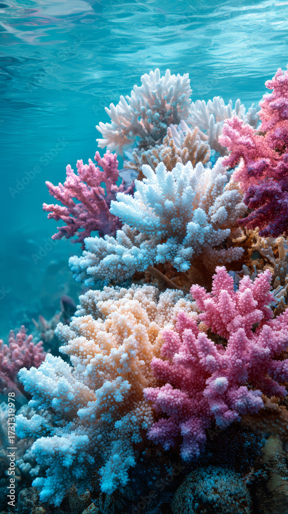 Fototapeta premium Colorful coral reef underwater, vibrant pink and white coral, clear blue water, marine life, peaceful ocean scene