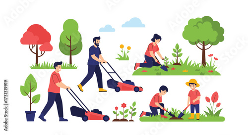 People engaged in various gardening activities on a white background.