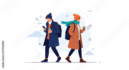 Two stylish people walking in winter with coffee and phone