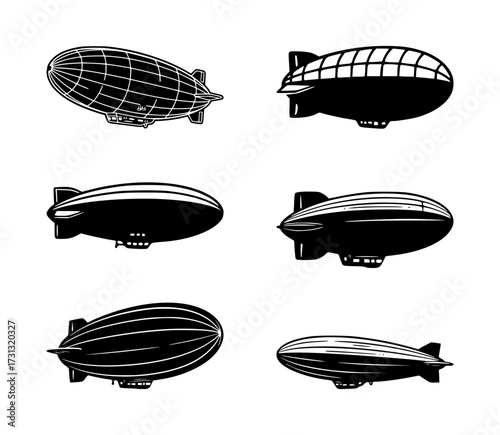 set of airship silhouettes, isolated background